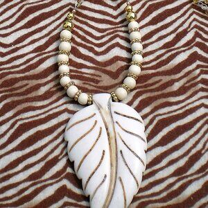 Magnesite Gemstone Leaf Pendant Necklace; Statement Necklace